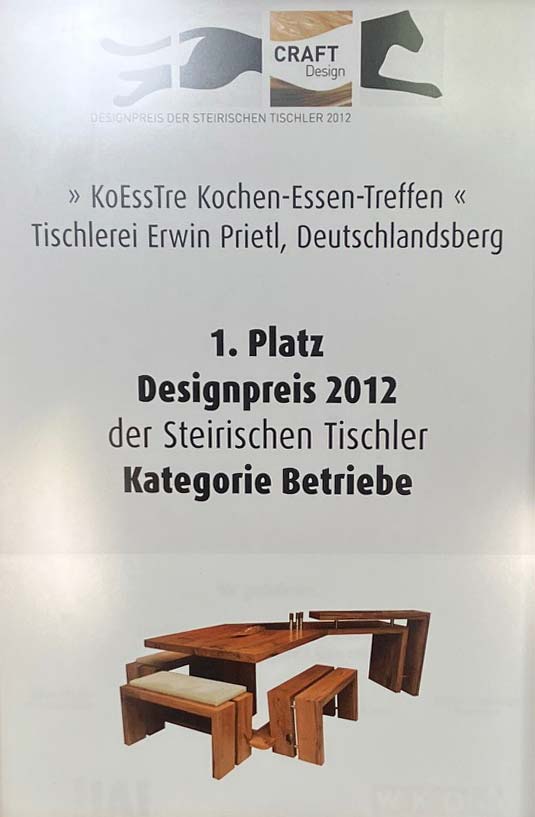 Zertifikat Designpreis 2012 der steirischen Tischler Kategorie Betriebe - Prietl Stiegen