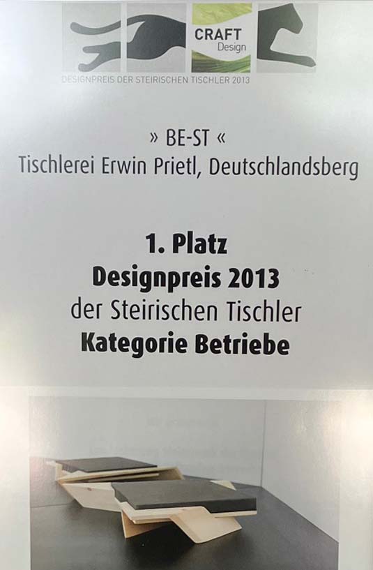 Zertifikat von Craft Design für den ersten Platz Designpreis 2016 der steirischen Tischler