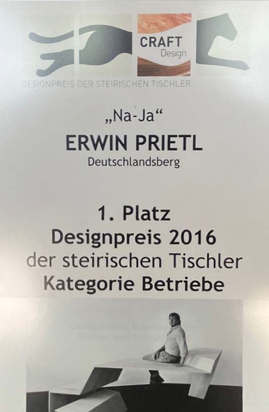 Platz 1 Zertifikat für den Designpreis von Craft Design 2016 für Tischler Betriebe in der Steiermark